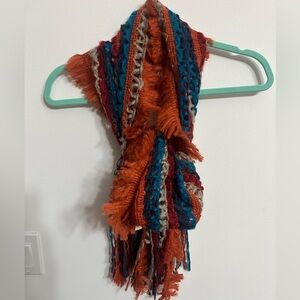 SAACHI open weave crochet multicolored scarf with fringe. Blue, tan, orange